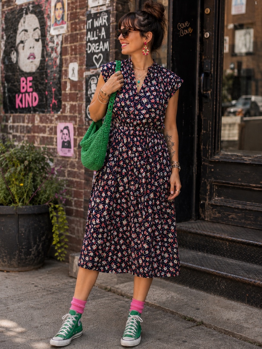 ModCloth Black Floral Cap-Sleeve Dress - Pink & White Flower Print